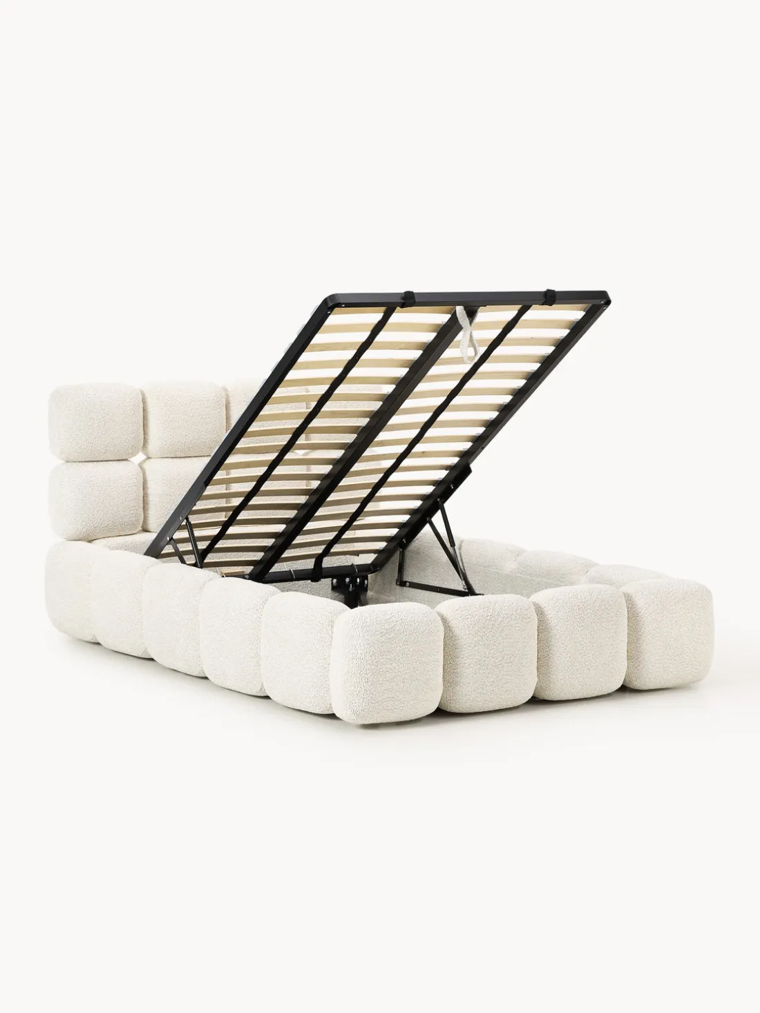 Cama individual tapizada en borreguillo bouclé con espacio de almacenamiento Tayla