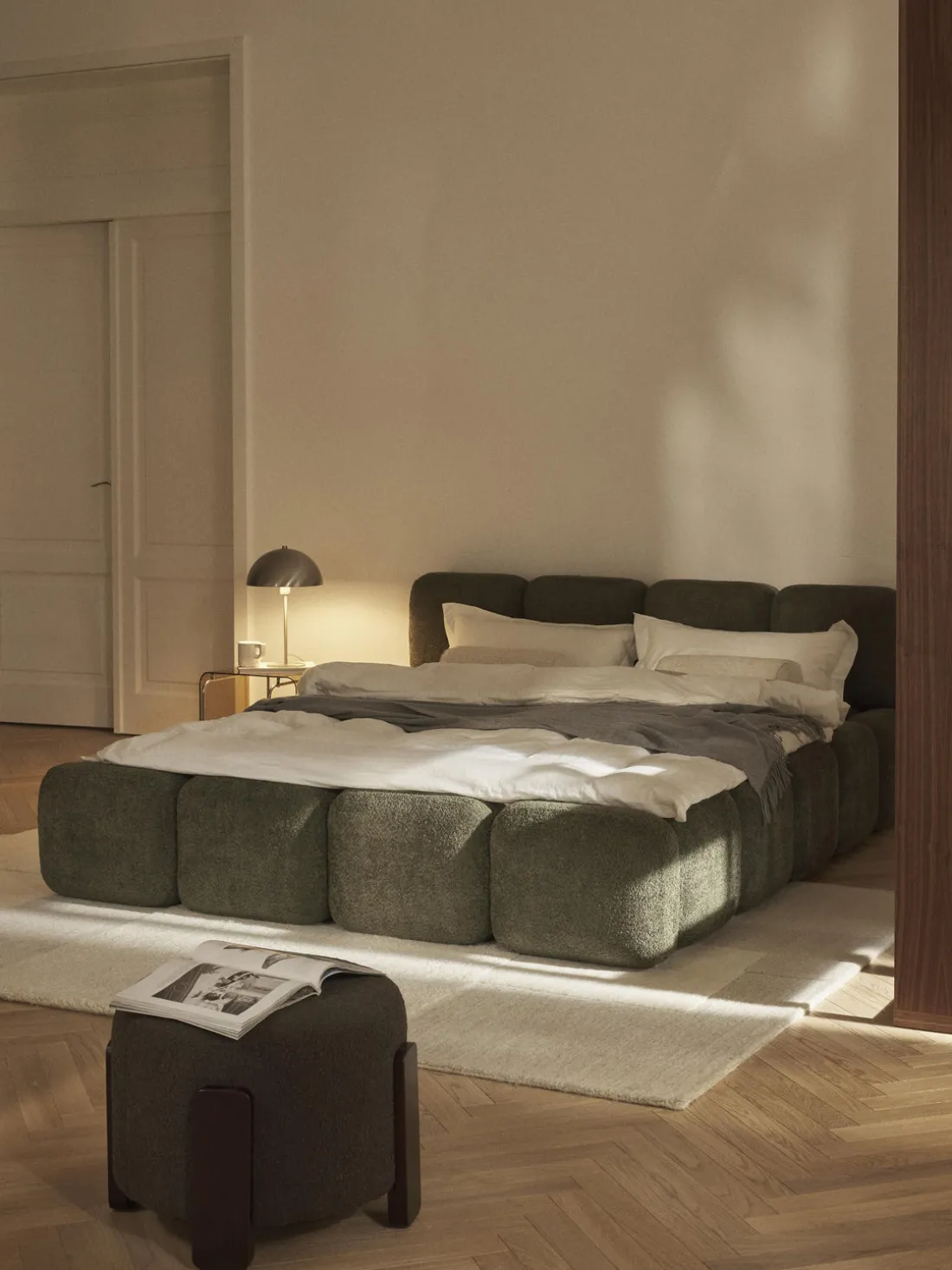 Cama tapizada de borreguillo bouclé Tayla