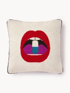 Cojín decorativo artesanal de lana con motivo de labios Full Dose