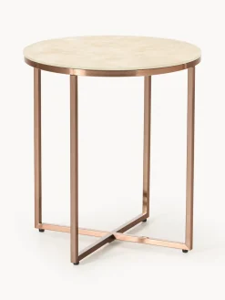 Mesa auxiliar redonda Antigua, tablero de vidrio en aspecto mármol