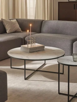 Mesa de centro redonda grande con tablero de vidrio en look mármol Antigua