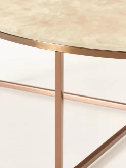 Mesa de centro redonda grande Antigua, tablero de vidrio en aspecto mármol