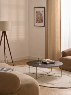 Mesa de centro redonda grande Antigua, tablero de vidrio en aspecto mármol