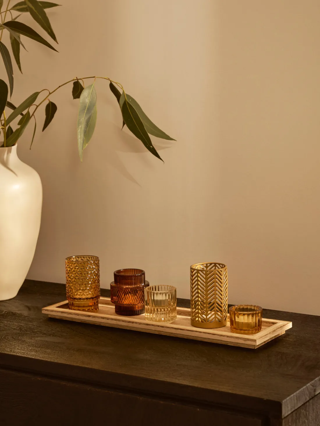 Set de portavelas con bandeja de madera Elviena, 6 pzas.