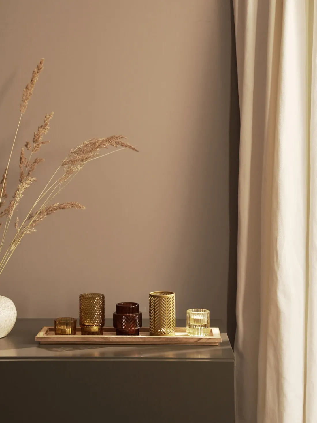 Set de portavelas con bandeja de madera Elviena, 6 pzas.