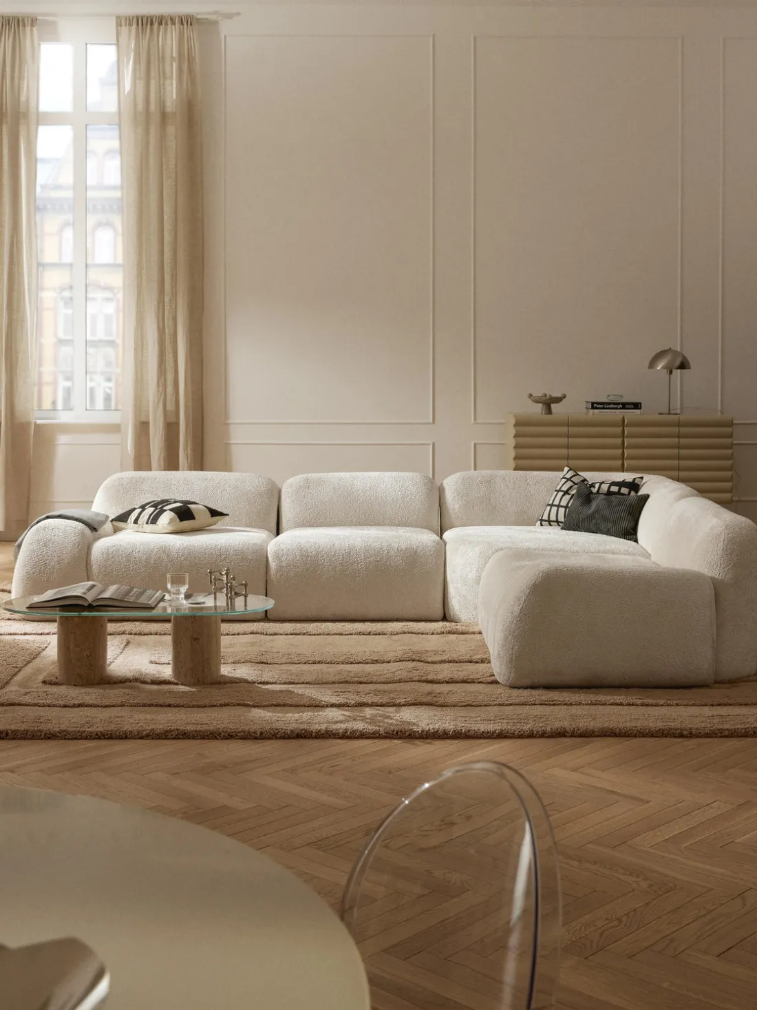 Sofá rinconera modular de borreguillo bouclé Wolke (4 plazas)